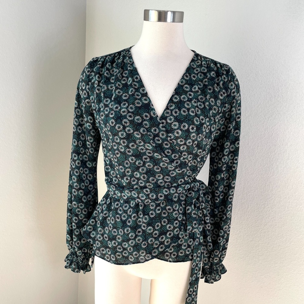 Max Studio Womens Small Floral Wrap Blouse Shirt Top Long Sleeve V Neck